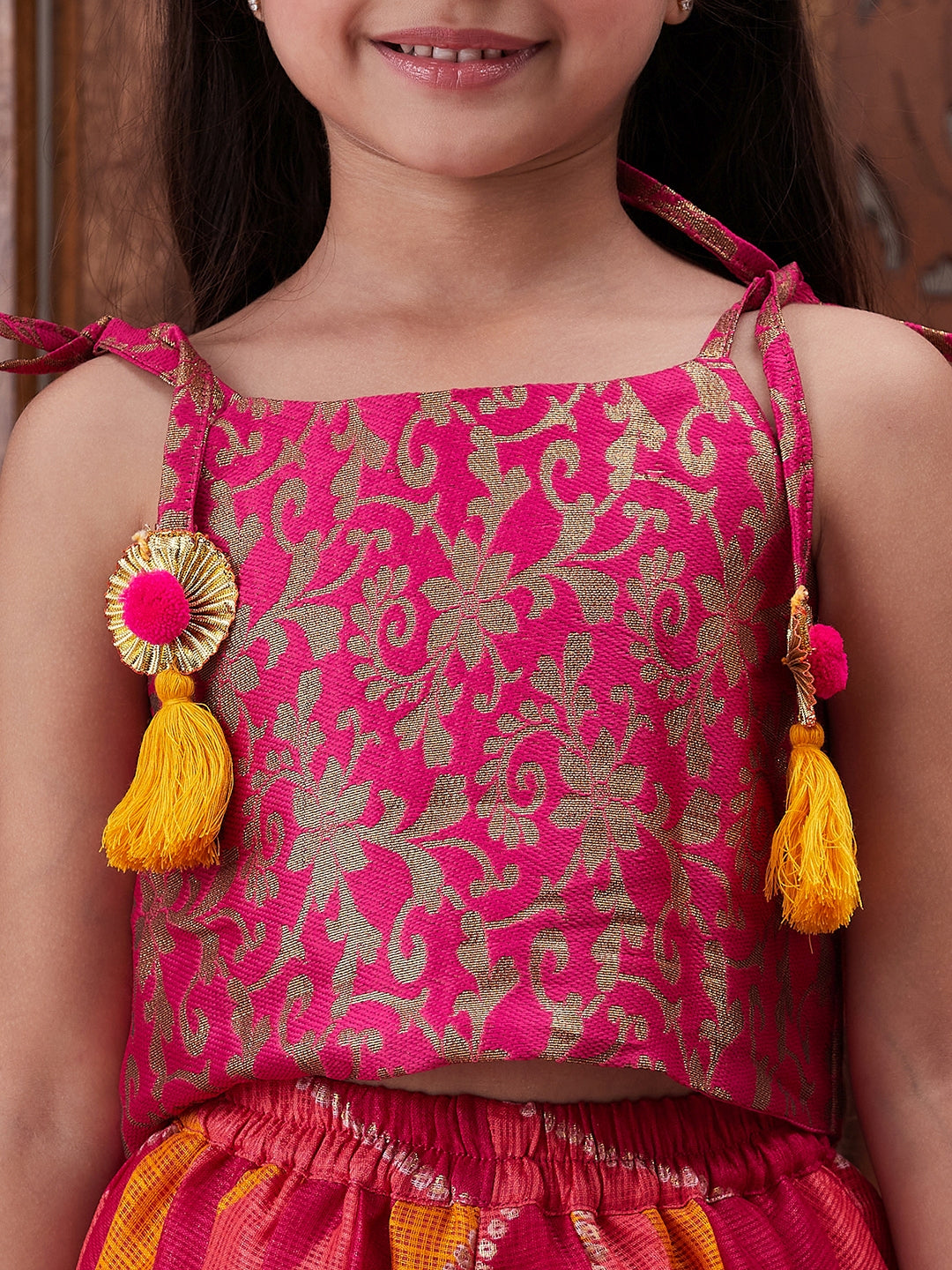 Pspeaches Girls Floral Printed Shoulder Straps Top With Dhoti Pants (DH-MAGENTABROCADE)