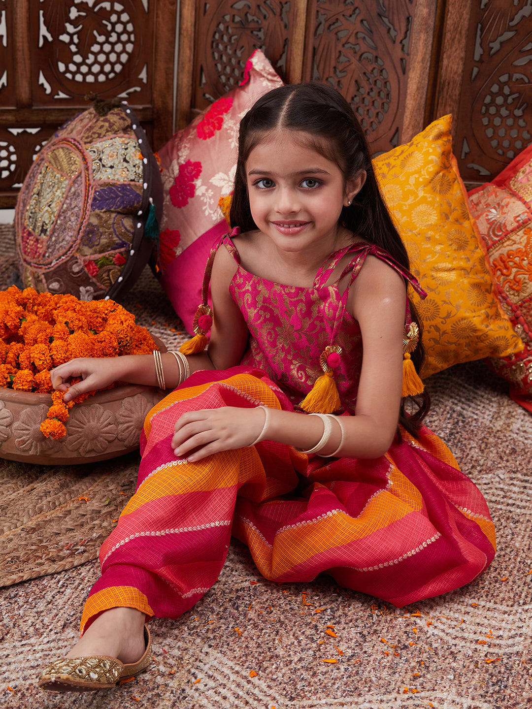 Pspeaches Girls Floral Printed Shoulder Straps Top With Dhoti Pants (DH-MAGENTABROCADE)