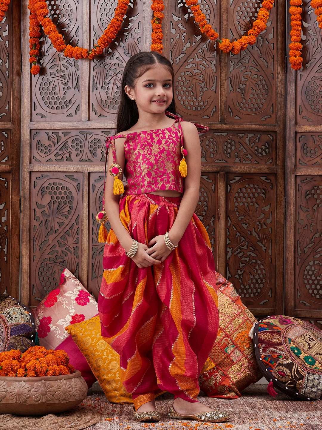 Pspeaches Girls Floral Printed Shoulder Straps Top With Dhoti Pants (DH-MAGENTABROCADE)