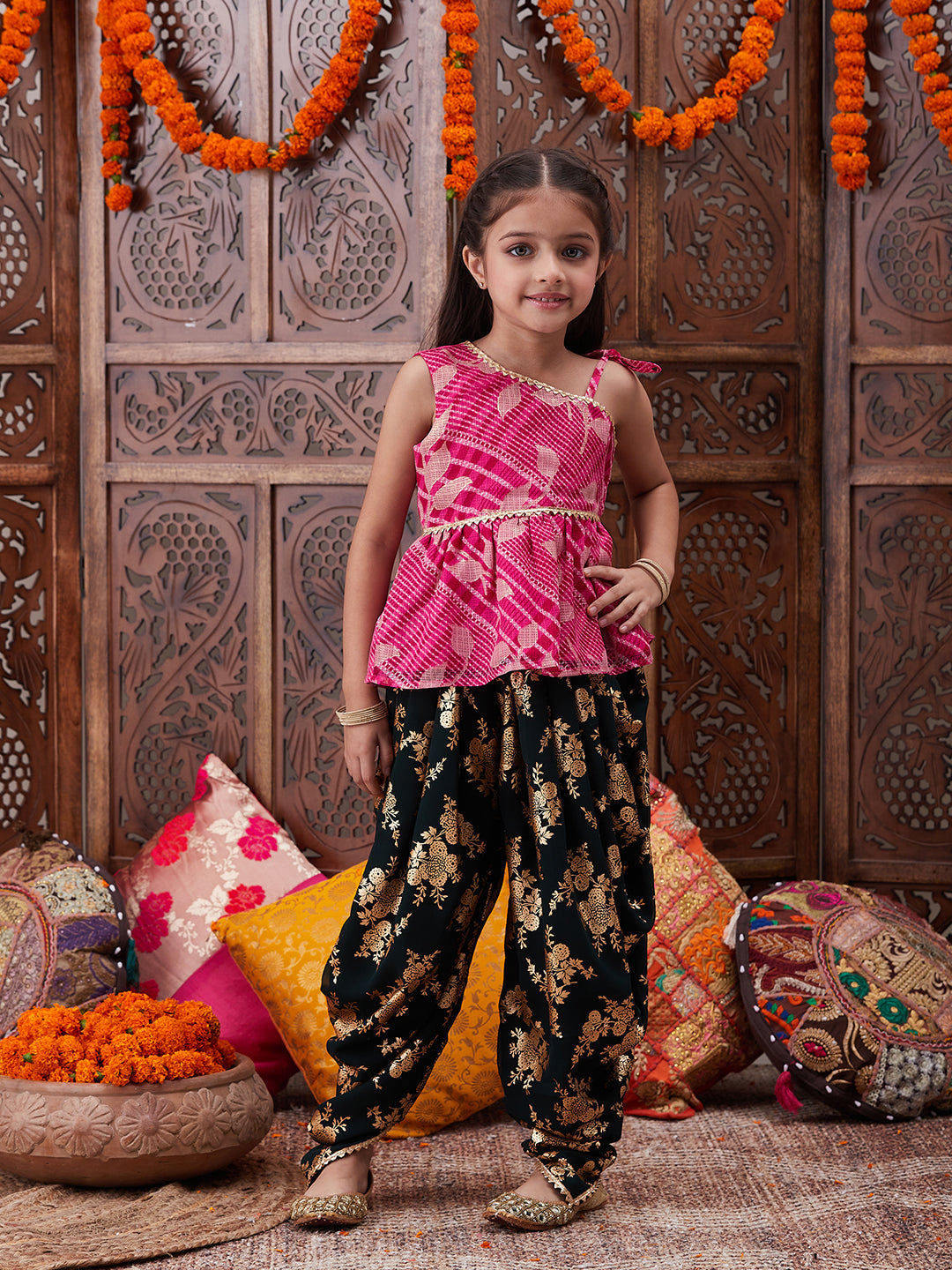Pspeaches Girls Ethnic Motifs Printed One Shoulder A-Line Top With Dhoti Pants (DH-MAGENTAKOTA)