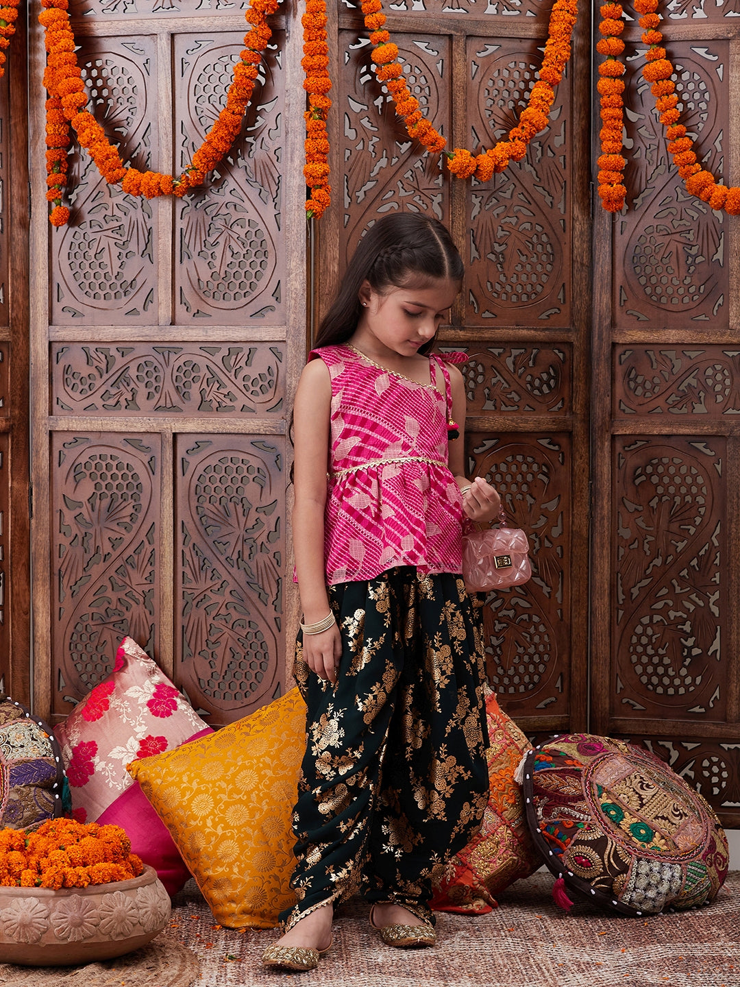 Pspeaches Girls Ethnic Motifs Printed One Shoulder A-Line Top With Dhoti Pants (DH-MAGENTAKOTA)
