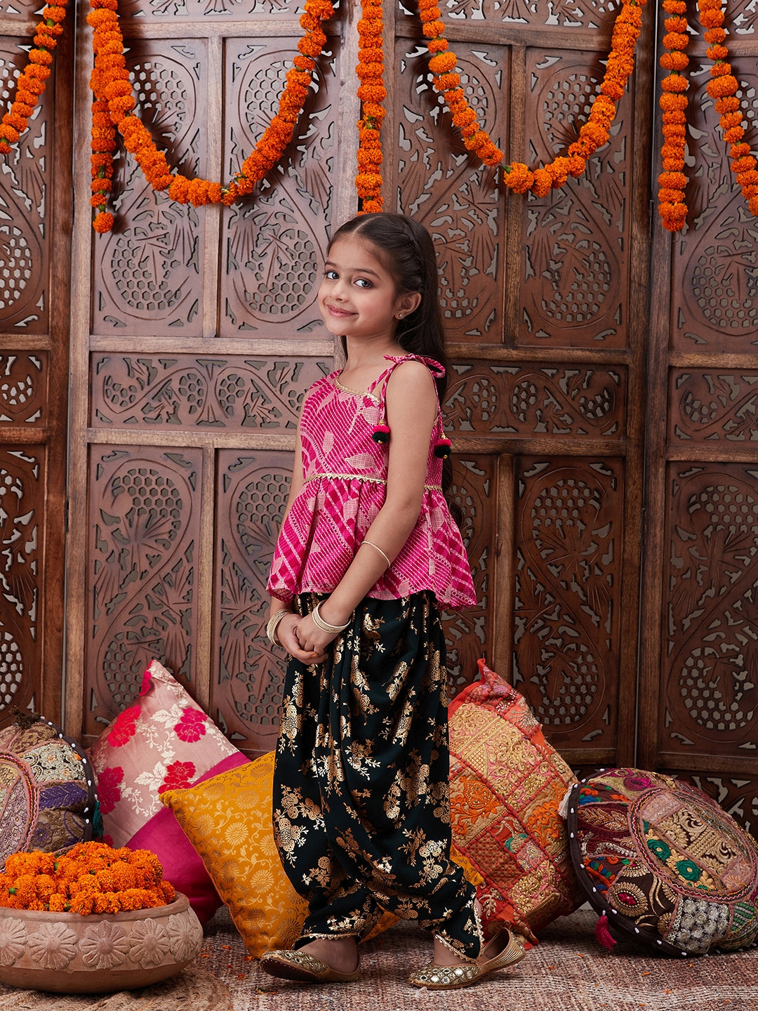 Pspeaches Girls Ethnic Motifs Printed One Shoulder A-Line Top With Dhoti Pants (DH-MAGENTAKOTA)