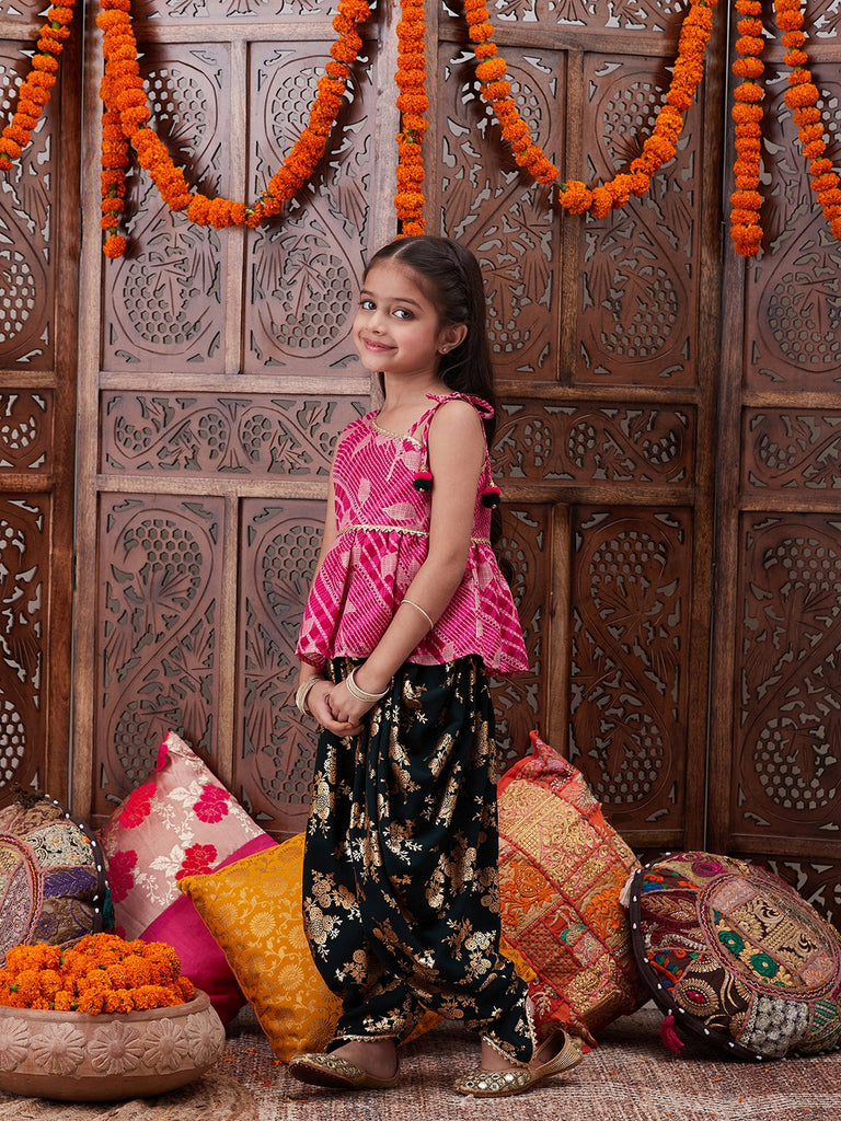 Pspeaches Girls Ethnic Motifs Printed One Shoulder A-Line Top With Dhoti Pants (DH-MAGENTAKOTA)