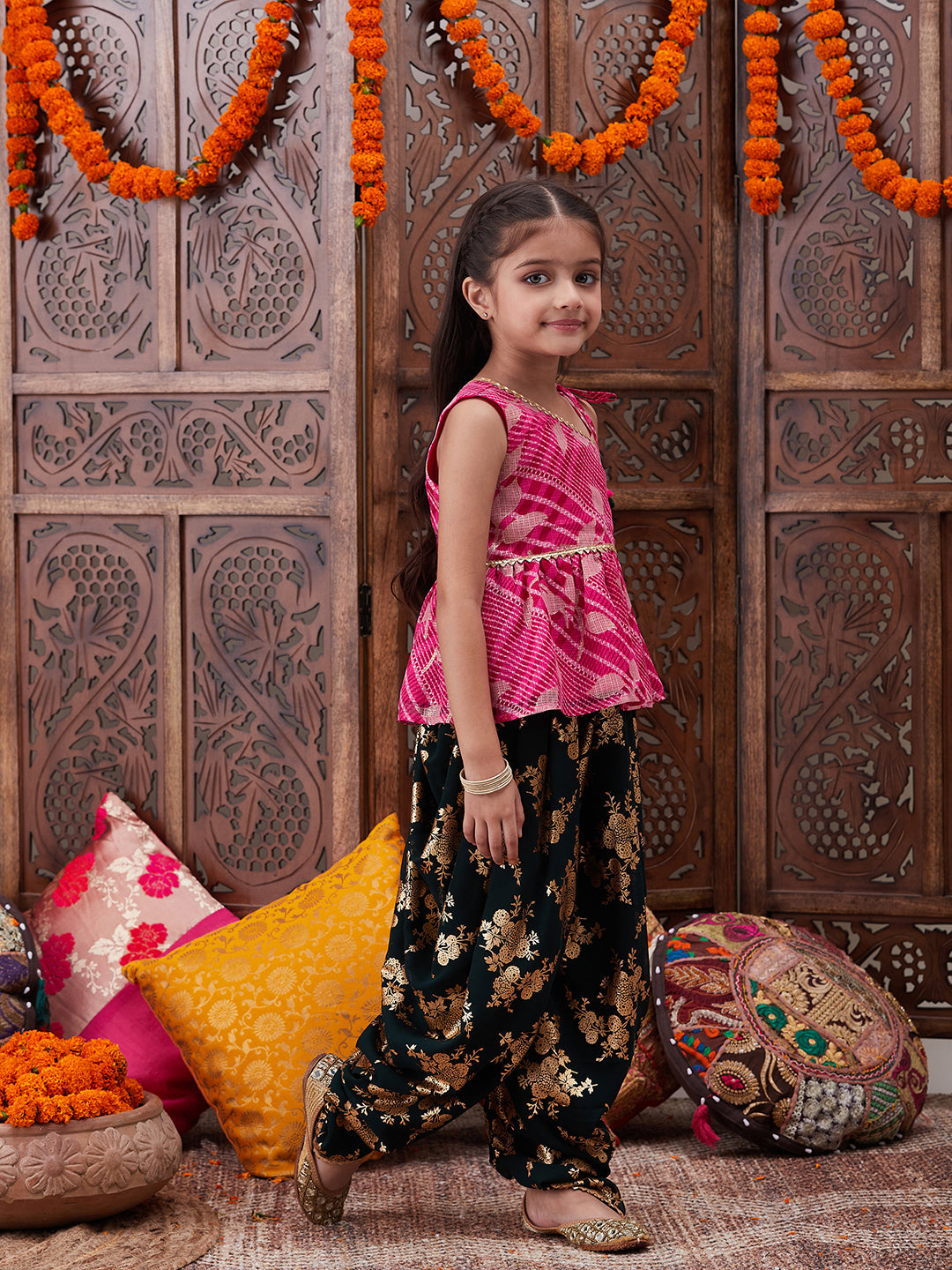 Pspeaches Girls Ethnic Motifs Printed One Shoulder A-Line Top With Dhoti Pants (DH-MAGENTAKOTA)