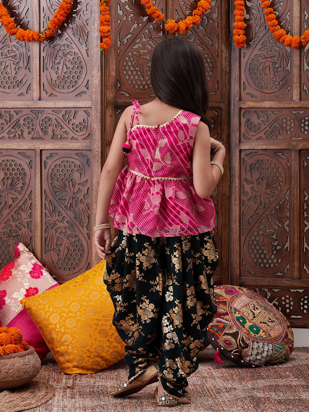 Pspeaches Girls Ethnic Motifs Printed One Shoulder A-Line Top With Dhoti Pants (DH-MAGENTAKOTA)