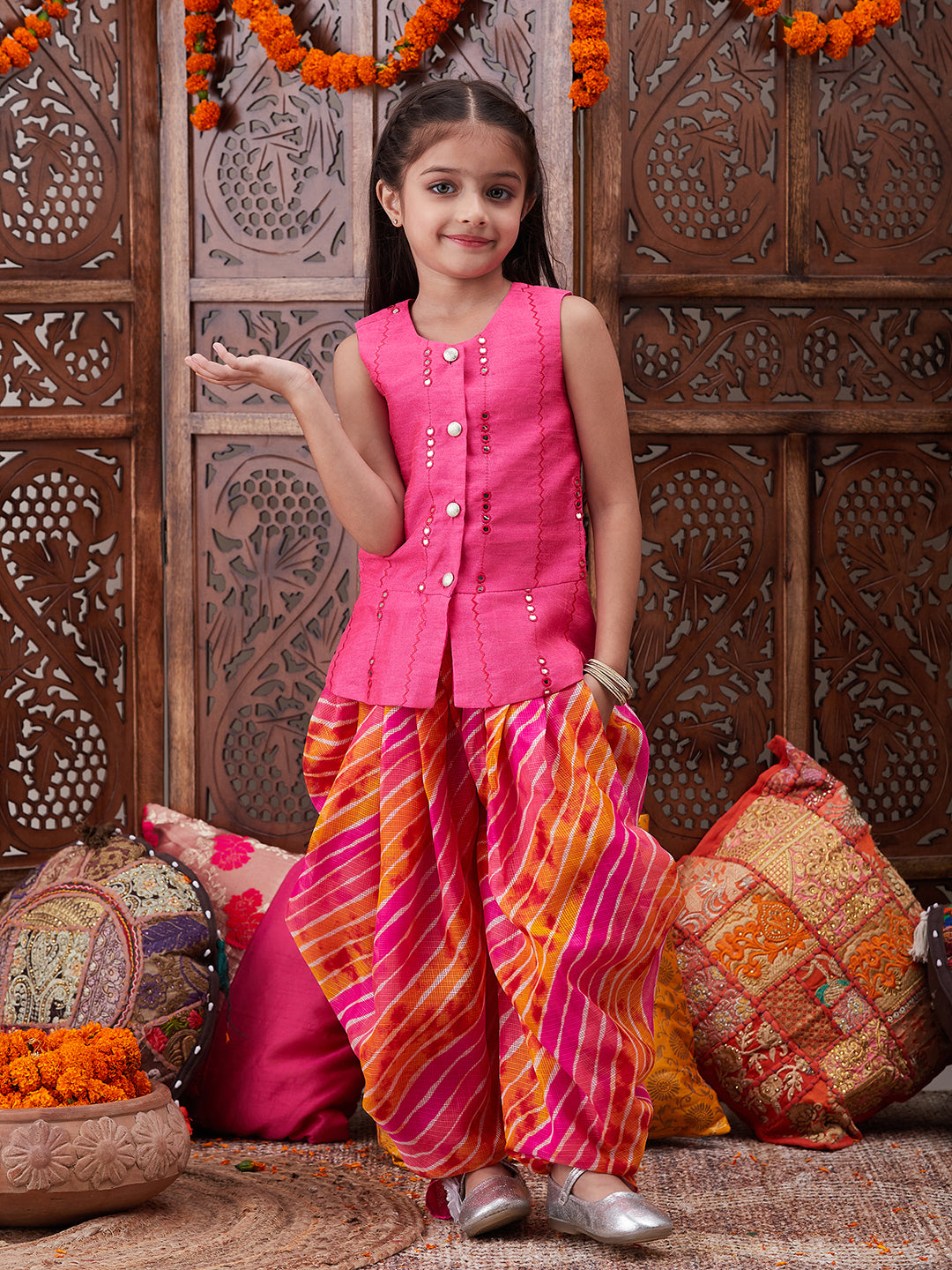 Pspeaches Girls Mirror Work Dupion Silk Straight Kurti With Dhoti Pants (DH-MAGENTAPATRA)