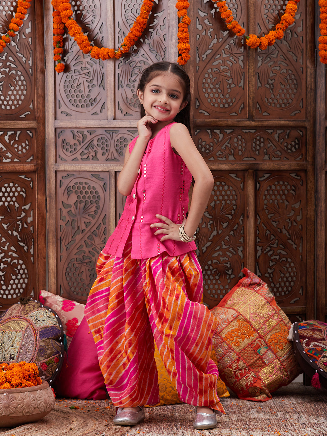 Pspeaches Girls Mirror Work Dupion Silk Straight Kurti With Dhoti Pants (DH-MAGENTAPATRA)