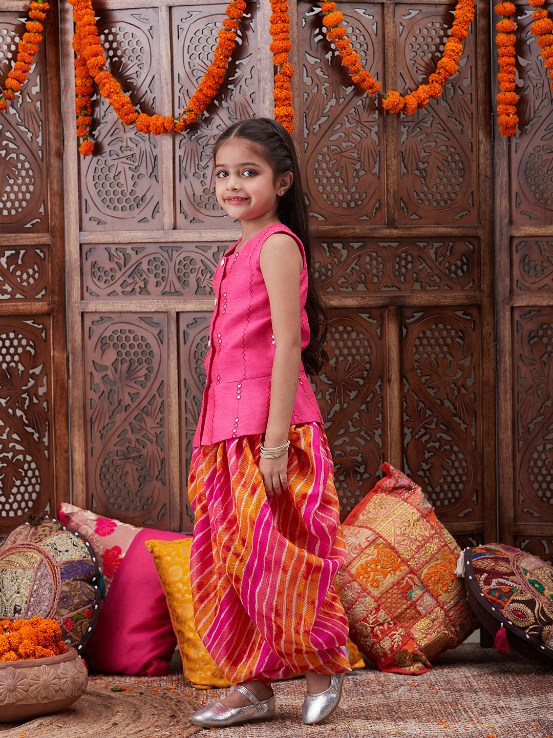 Pspeaches Girls Mirror Work Dupion Silk Straight Kurti With Dhoti Pants (DH-MAGENTAPATRA)