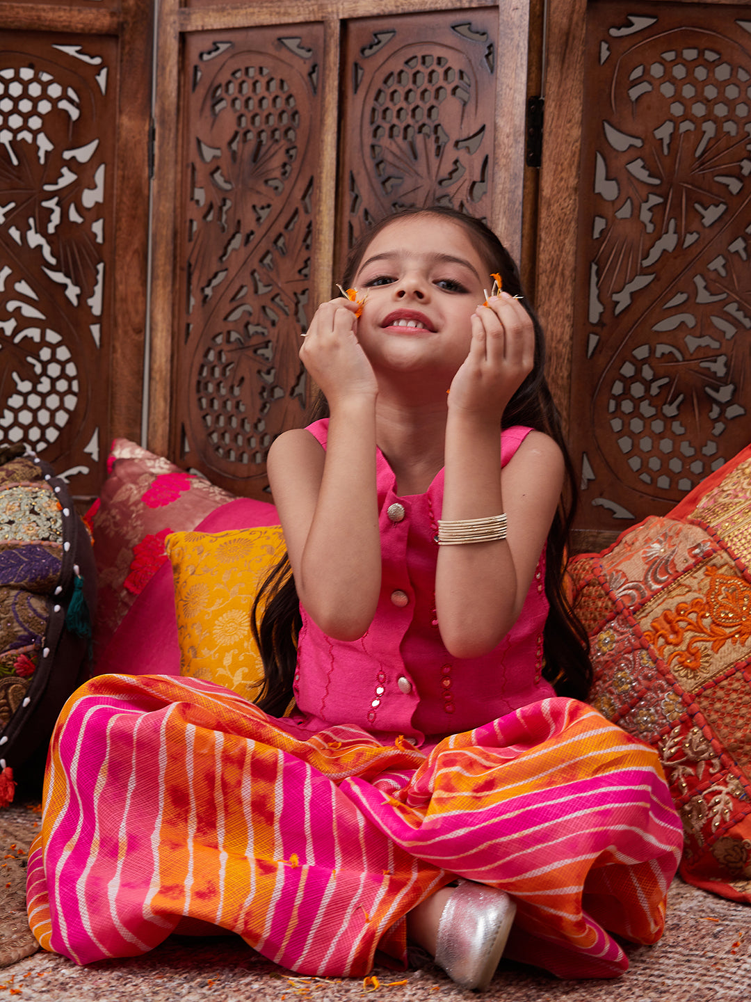 Pspeaches Girls Mirror Work Dupion Silk Straight Kurti With Dhoti Pants (DH-MAGENTAPATRA)