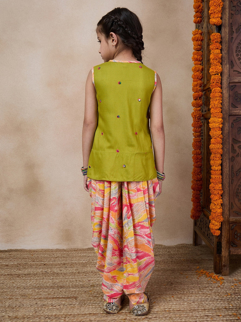 Girls Floral Embroidered Sleeveless A-Line Sequinned Kurti With Dhoti Pants (DH-MULTIDHOTI)