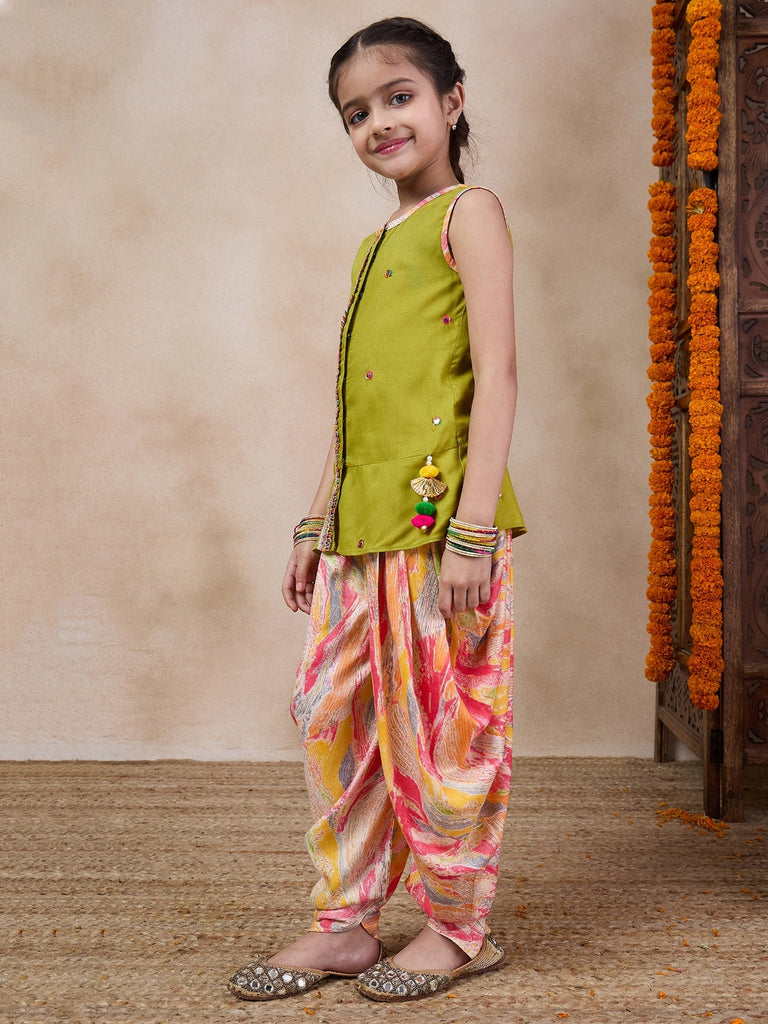 Girls Floral Embroidered Sleeveless A-Line Sequinned Kurti With Dhoti Pants (DH-MULTIDHOTI)