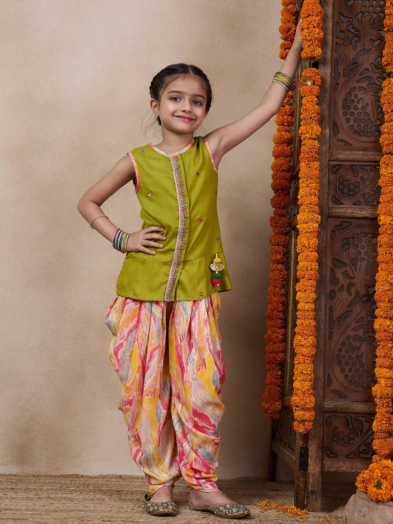 Girls Floral Embroidered Sleeveless A-Line Sequinned Kurti With Dhoti Pants (DH-MULTIDHOTI)