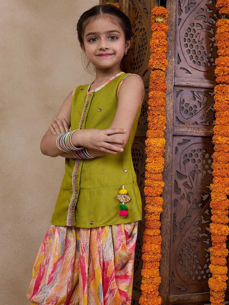 Girls Floral Embroidered Sleeveless A-Line Sequinned Kurti With Dhoti Pants (DH-MULTIDHOTI)