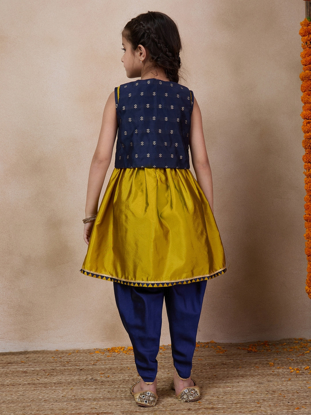 Girls Anarkali Round Neck Sleeveless Kurta With Dhoti Pants Jacket (DH-MUSTARDBLUECHANDERI)