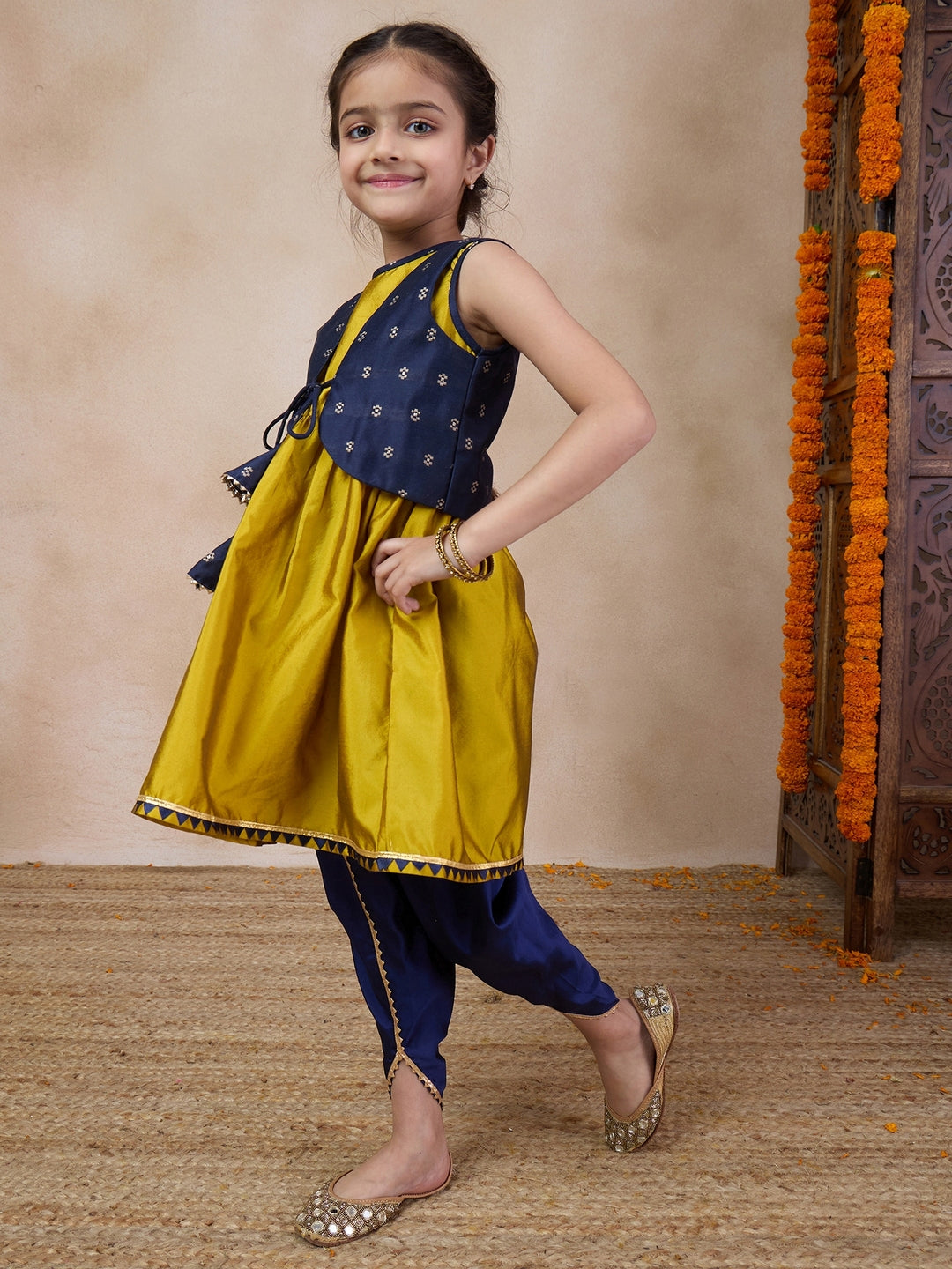 Girls Anarkali Round Neck Sleeveless Kurta With Dhoti Pants Jacket (DH-MUSTARDBLUECHANDERI)