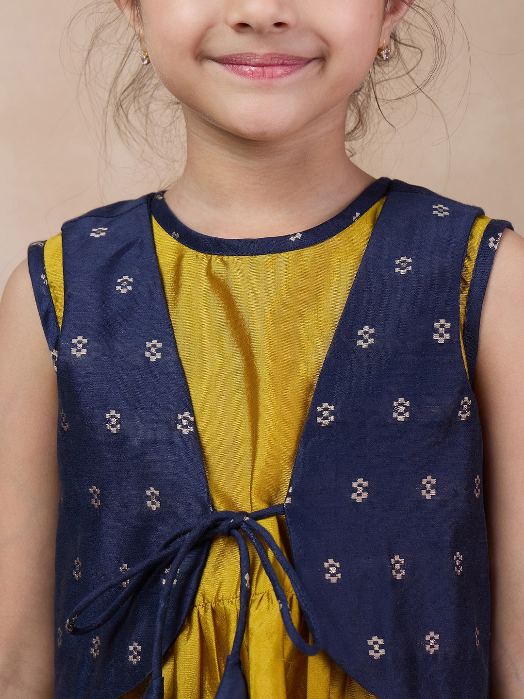 Girls Anarkali Round Neck Sleeveless Kurta With Dhoti Pants Jacket (DH-MUSTARDBLUECHANDERI)