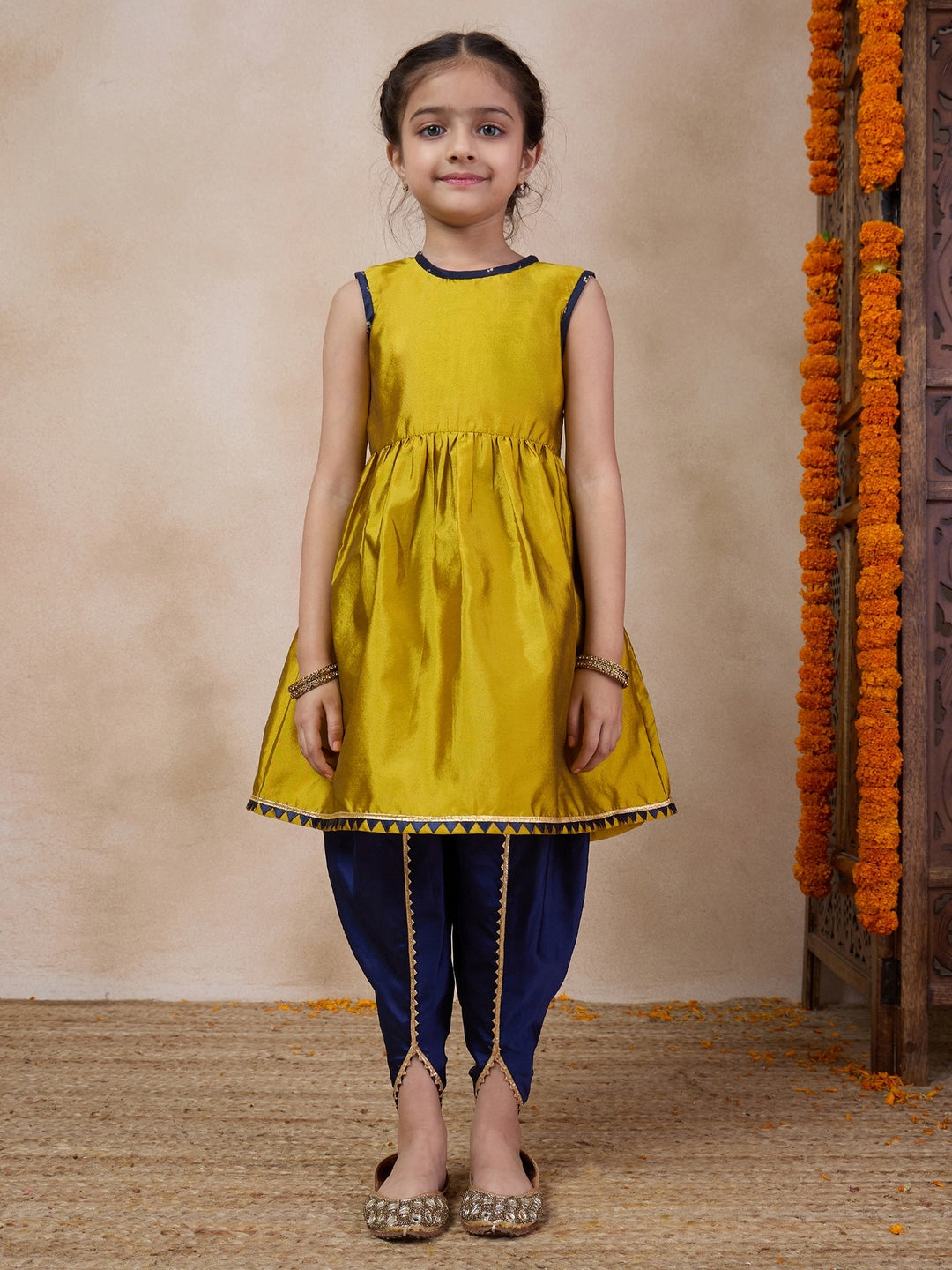 Girls Anarkali Round Neck Sleeveless Kurta With Dhoti Pants Jacket (DH-MUSTARDBLUECHANDERI)