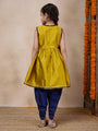 Girls Anarkali Round Neck Sleeveless Kurta With Dhoti Pants Jacket (DH-MUSTARDBLUECHANDERI)
