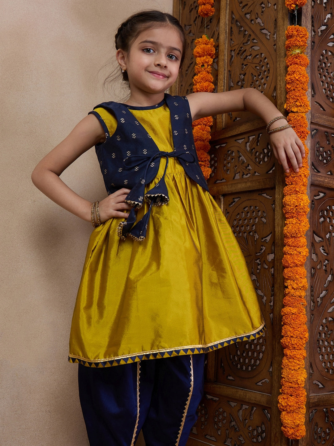 Girls Anarkali Round Neck Sleeveless Kurta With Dhoti Pants Jacket (DH-MUSTARDBLUECHANDERI)