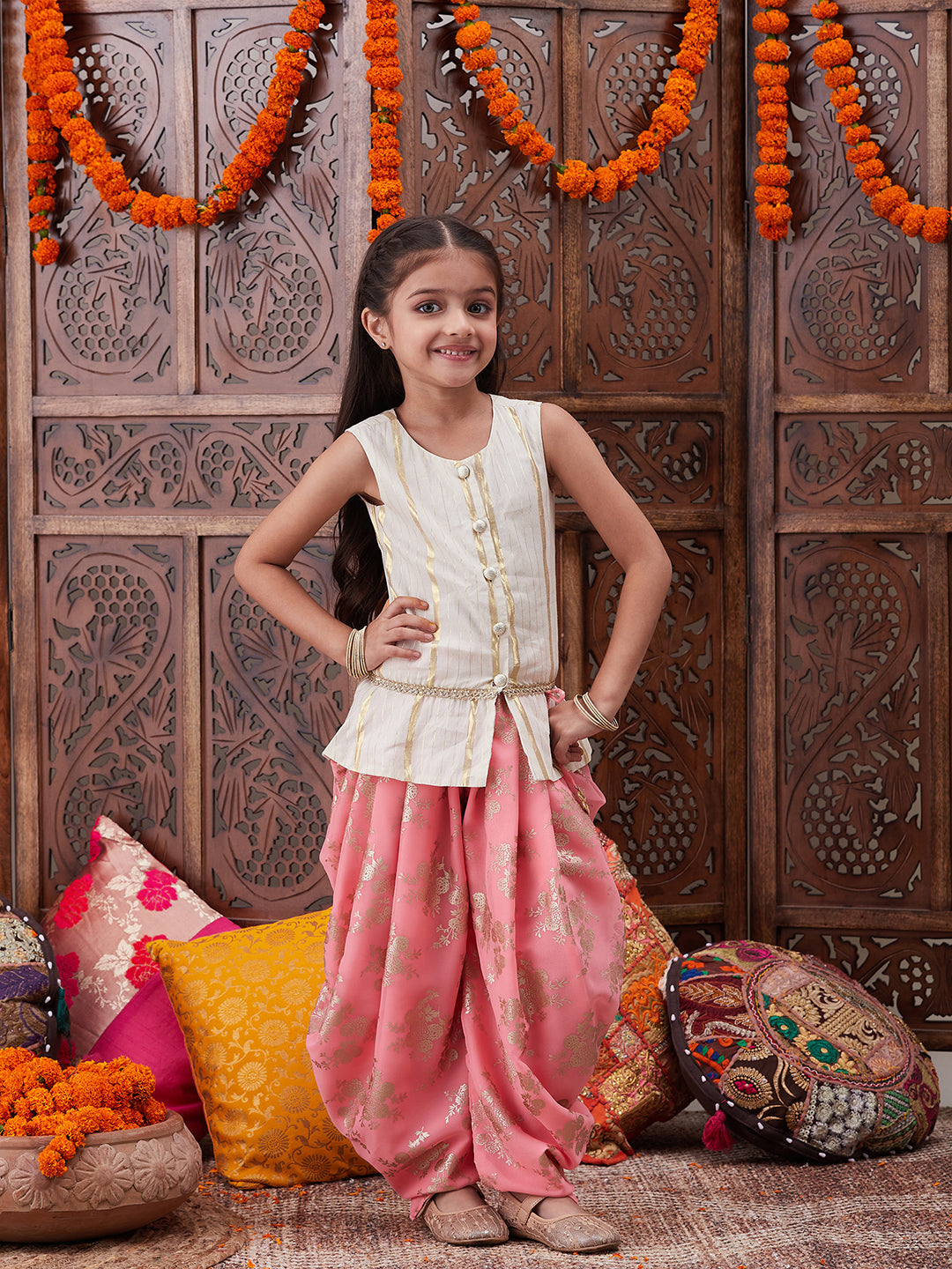Pspeaches Girls Striped Pure Cotton Kurti With Dhoti Pants (DH-OFFWHITELUREX)