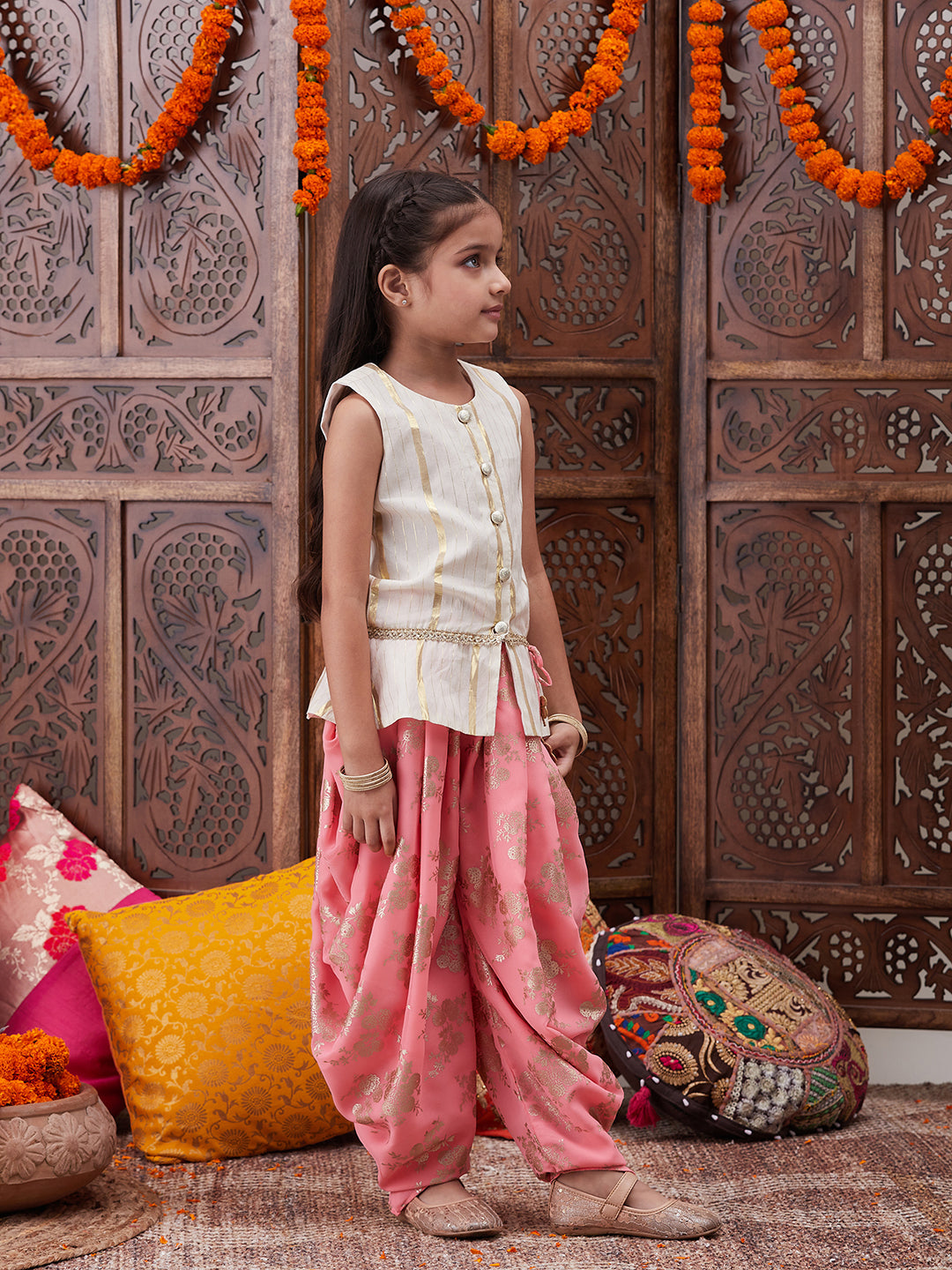 Pspeaches Girls Striped Pure Cotton Kurti With Dhoti Pants (DH-OFFWHITELUREX)