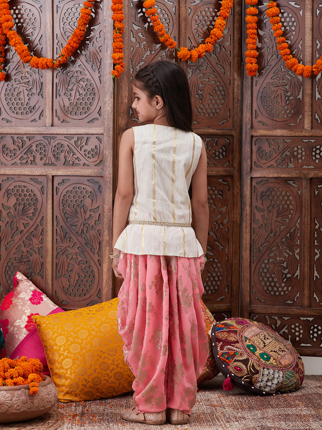 Pspeaches Girls Striped Pure Cotton Kurti With Dhoti Pants (DH-OFFWHITELUREX)
