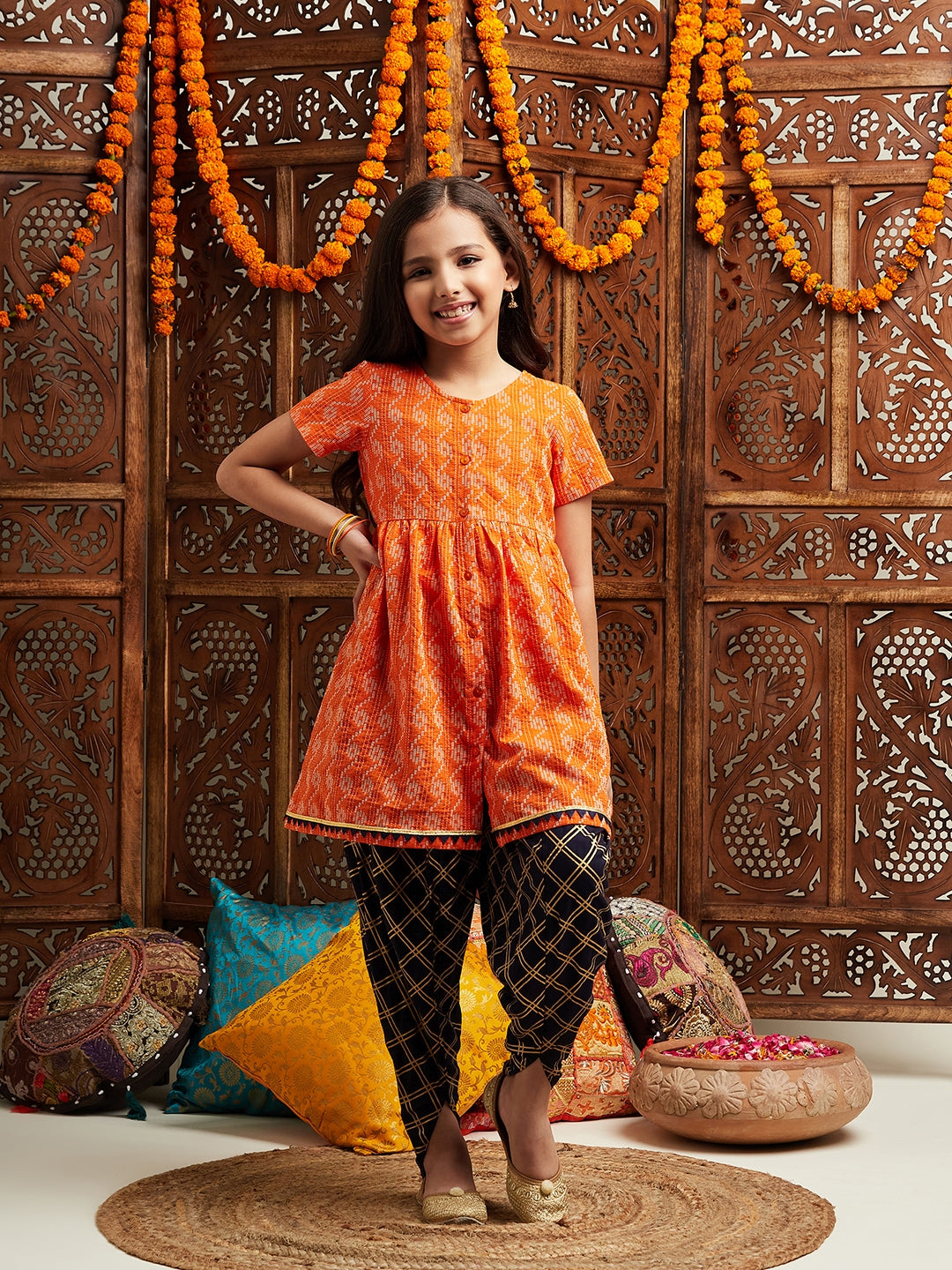 Pspeaches Girls Printed Regular Kurta With Dhoti Pants (DH-ORANGEDOBBY)