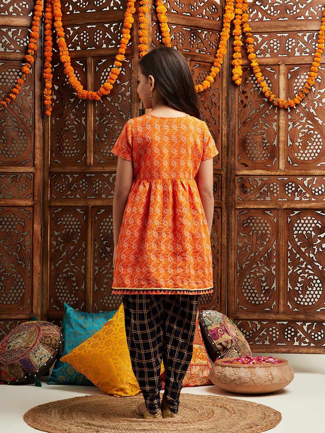 Pspeaches Girls Printed Regular Kurta With Dhoti Pants (DH-ORANGEDOBBY)