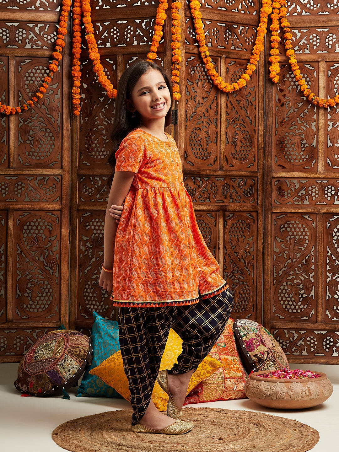 Pspeaches Girls Printed Regular Kurta With Dhoti Pants (DH-ORANGEDOBBY)