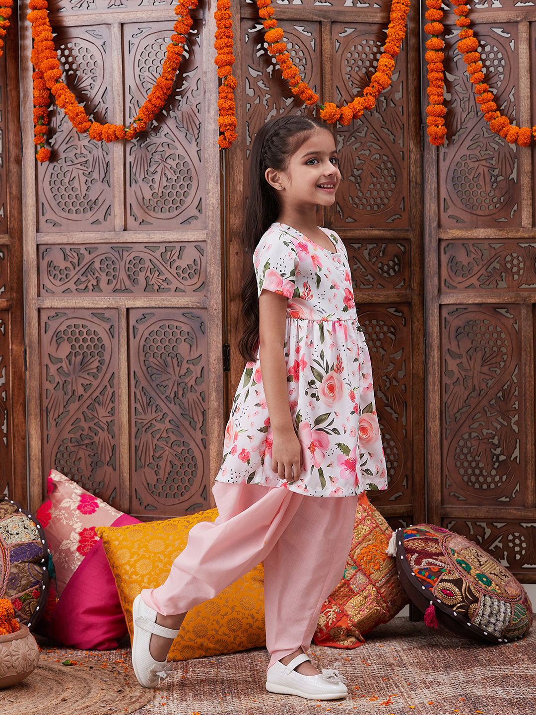 Pspeaches Girls Floral Printed Regular Kurta With Dhoti Pants (DH-PEACHROSE)