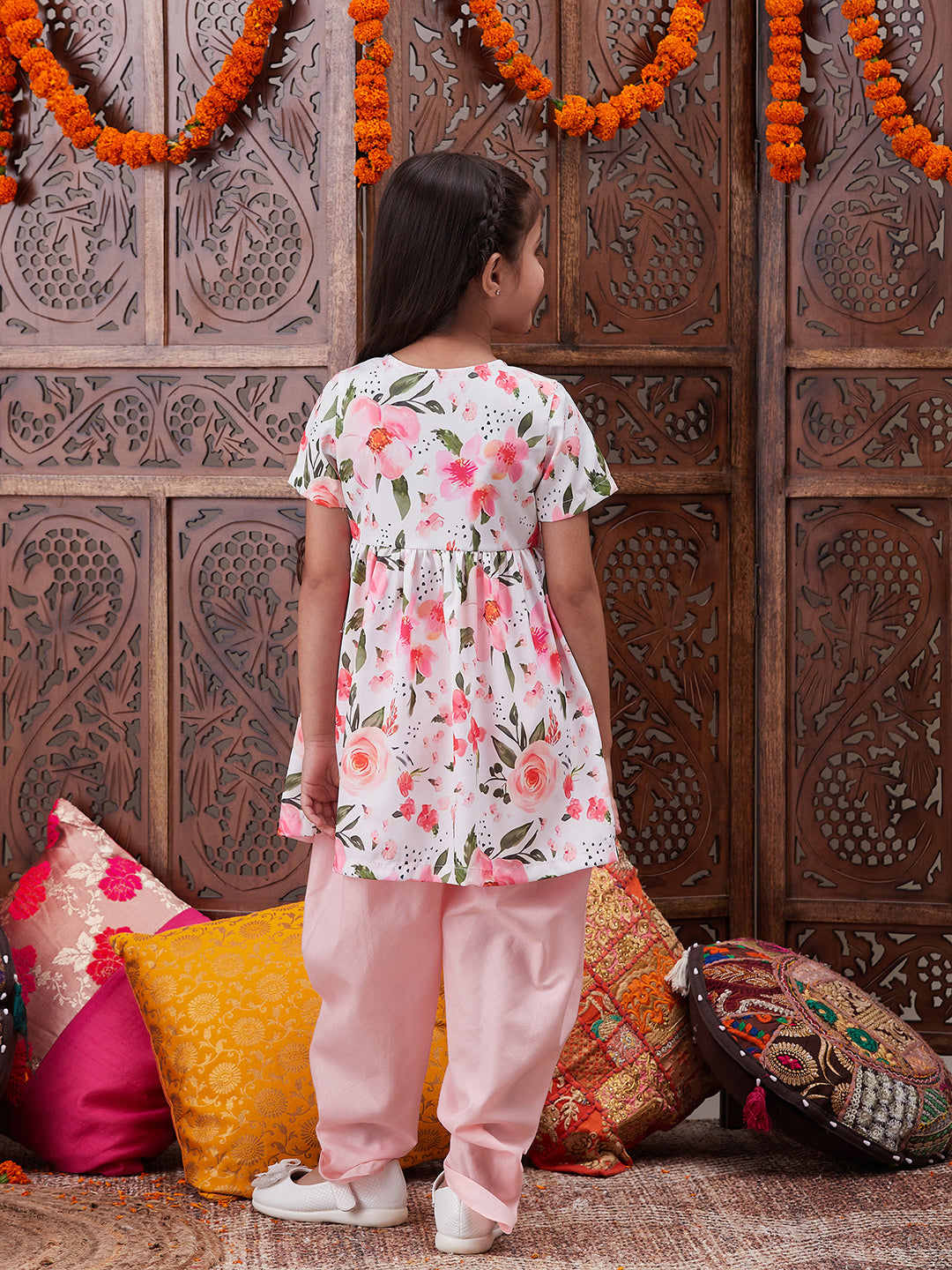 Pspeaches Girls Floral Printed Regular Kurta With Dhoti Pants (DH-PEACHROSE)