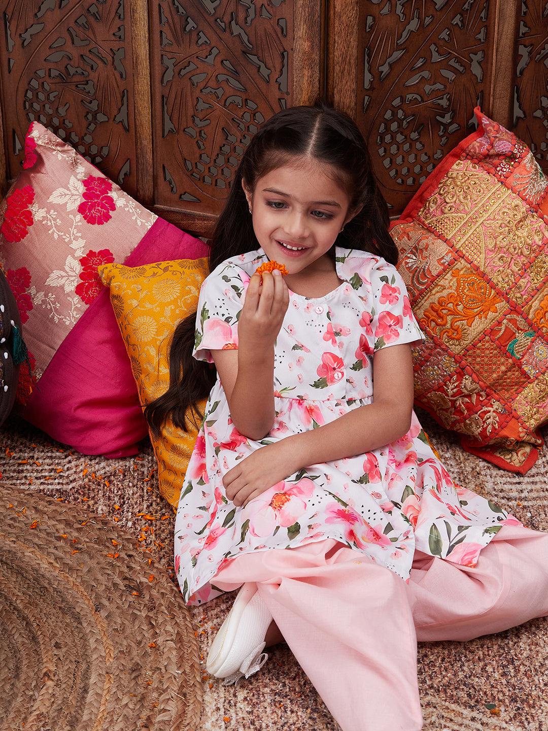 Pspeaches Girls Floral Printed Regular Kurta With Dhoti Pants (DH-PEACHROSE)