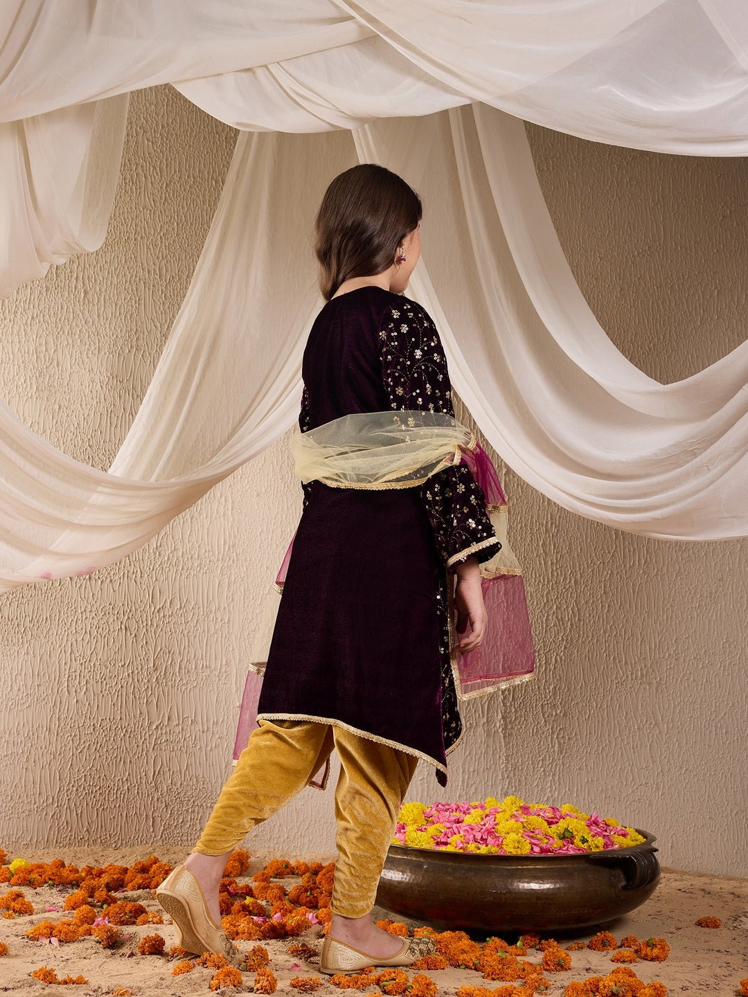 Pspeaches Girls Floral Embroidered Velvet Kurta With Dhoti Pants & Dupatta (DH-PURPLEVELVET)