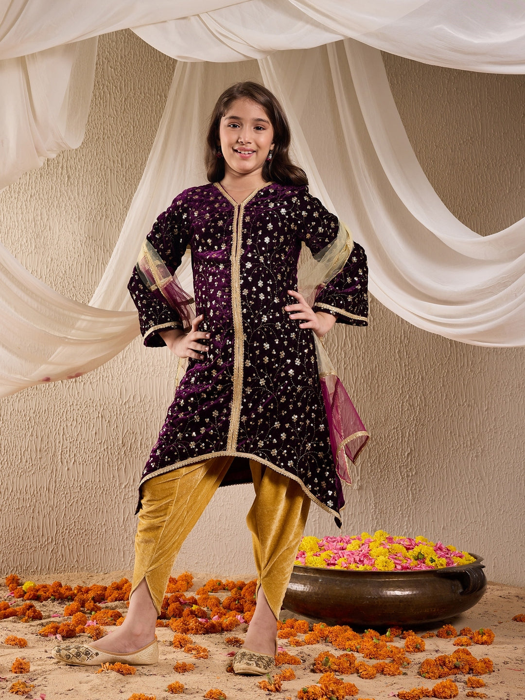 Pspeaches Girls Floral Embroidered Velvet Kurta With Dhoti Pants & Dupatta (DH-PURPLEVELVET)