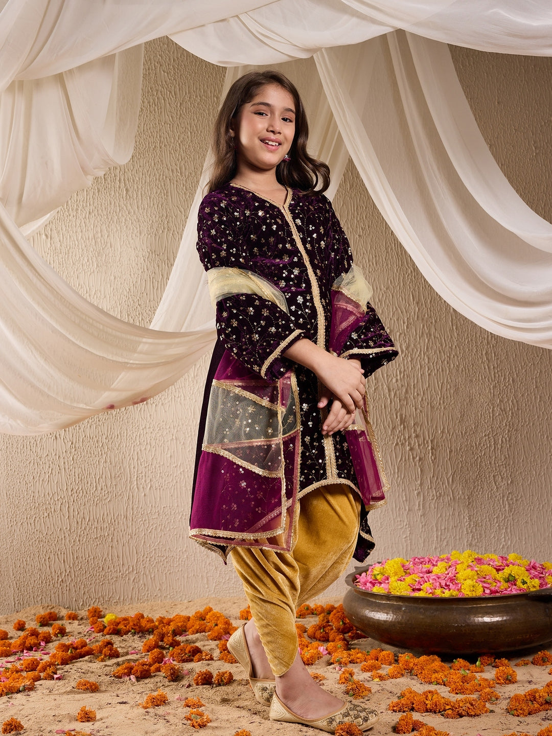 Pspeaches Girls Floral Embroidered Velvet Kurta With Dhoti Pants & Dupatta (DH-PURPLEVELVET)