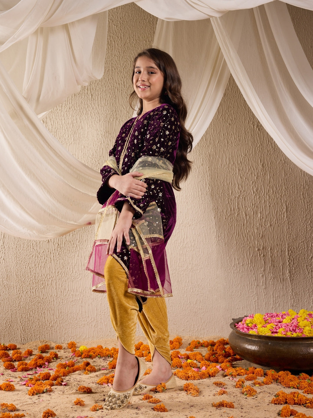 Pspeaches Girls Floral Embroidered Velvet Kurta With Dhoti Pants & Dupatta (DH-PURPLEVELVET)