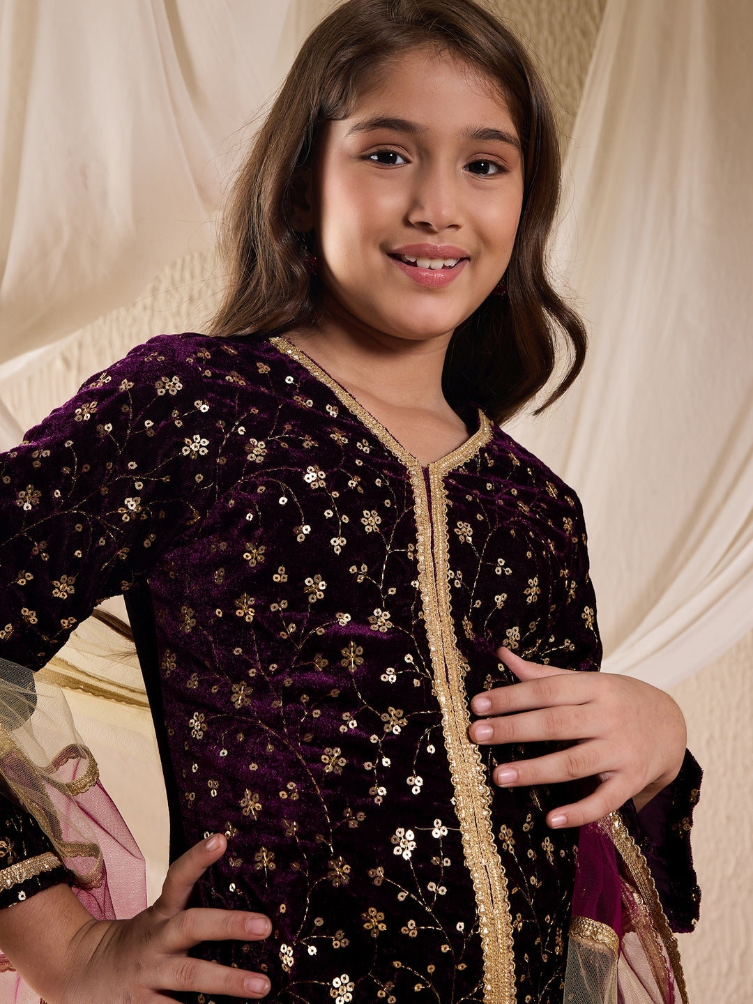 Pspeaches Girls Floral Embroidered Velvet Kurta With Dhoti Pants & Dupatta (DH-PURPLEVELVET)