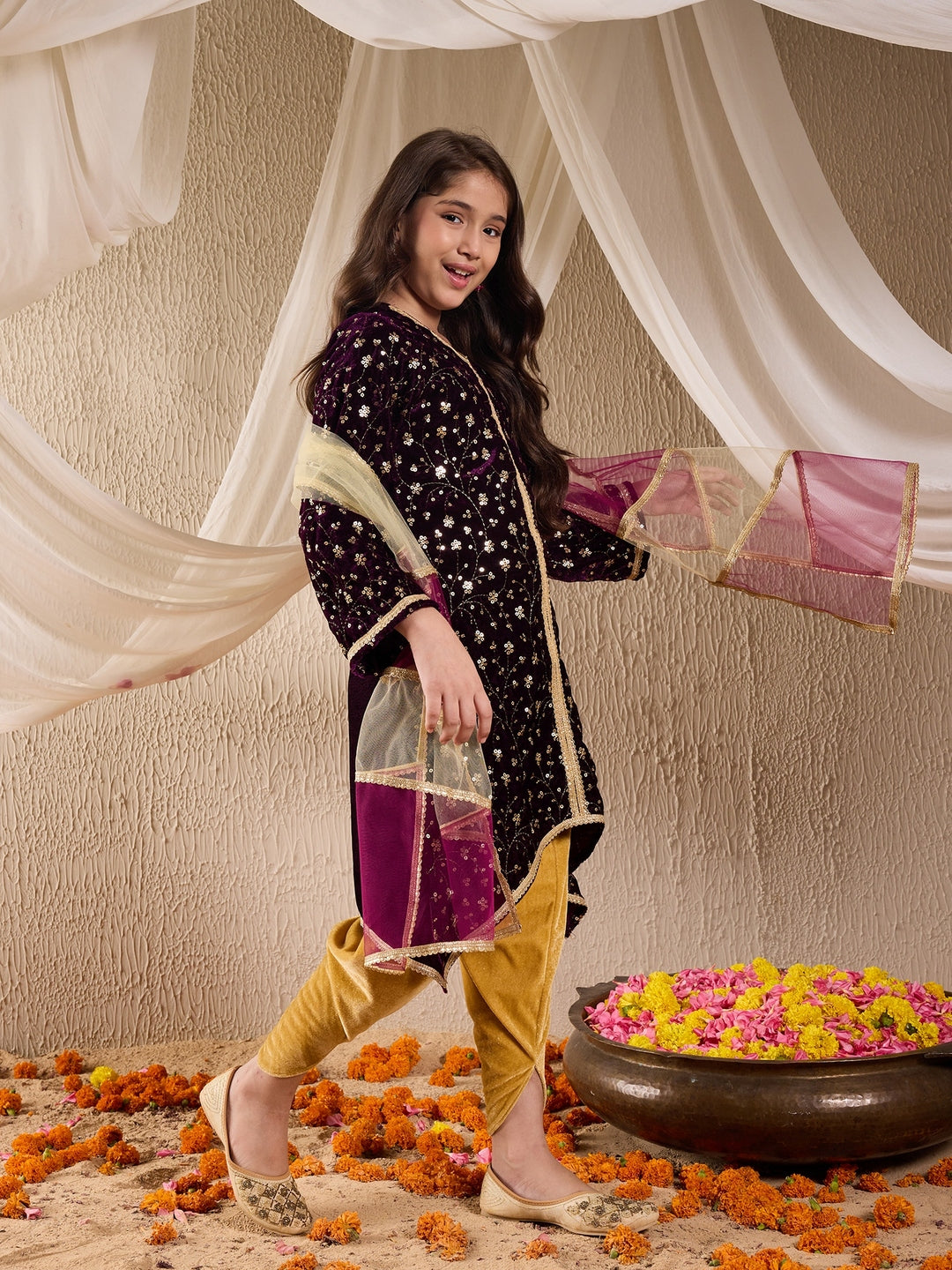 Pspeaches Girls Floral Embroidered Velvet Kurta With Dhoti Pants & Dupatta (DH-PURPLEVELVET)
