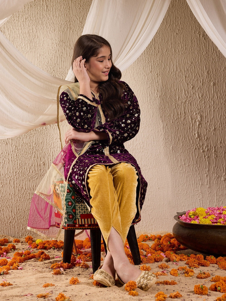 Pspeaches Girls Floral Embroidered Velvet Kurta With Dhoti Pants & Dupatta (DH-PURPLEVELVET)