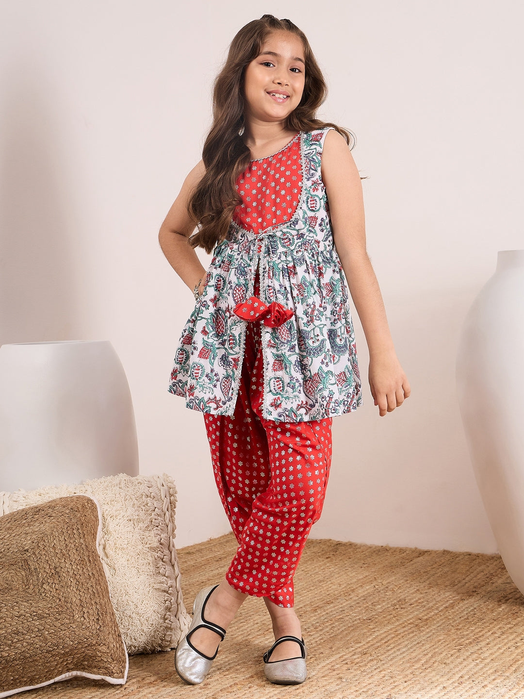 Girls Floral Printed A-Line Kurti with Dhoti Pants (DH-REDFOILDHOTI)