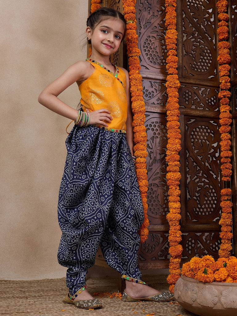 V Neck Sleeveless Printed Top Dhoti Pant Clothing Set (DH-YELLOWBLUEBANDHNI)