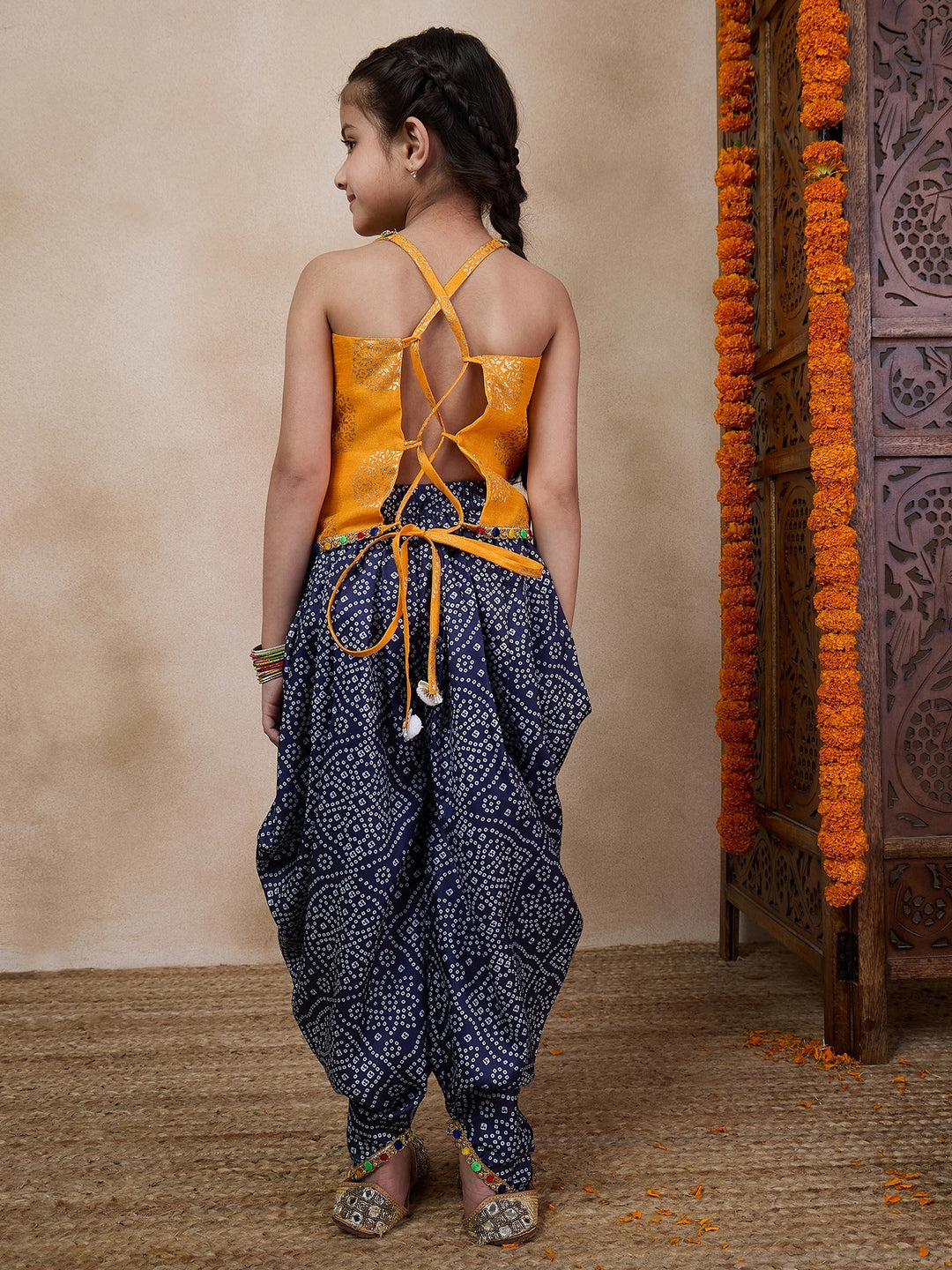 V Neck Sleeveless Printed Top Dhoti Pant Clothing Set (DH-YELLOWBLUEBANDHNI)