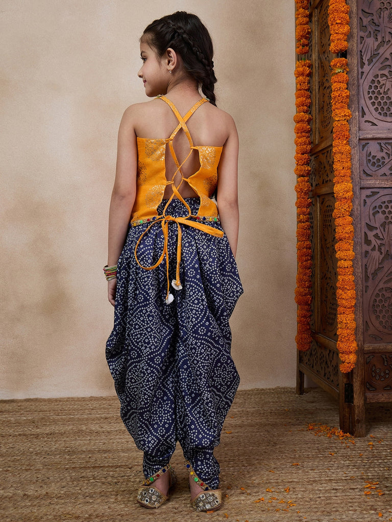 V Neck Sleeveless Printed Top Dhoti Pant Clothing Set (DH-YELLOWBLUEBANDHNI)