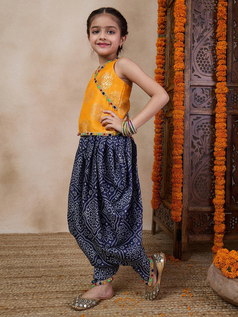 V Neck Sleeveless Printed Top Dhoti Pant Clothing Set (DH-YELLOWBLUEBANDHNI)