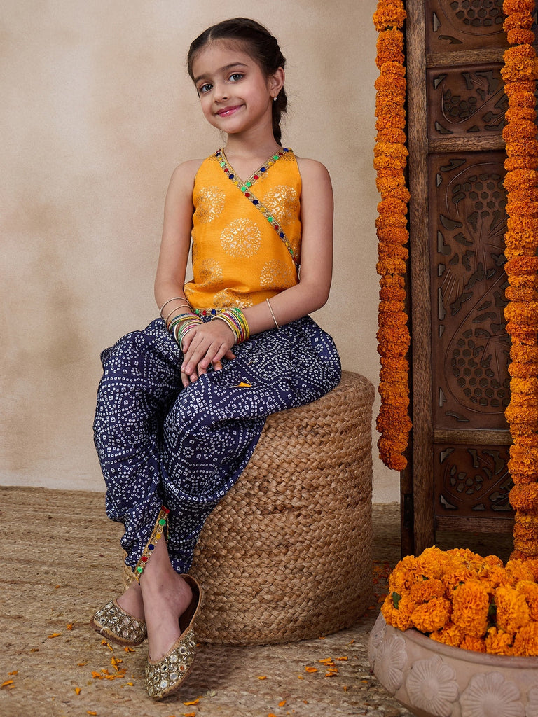 V Neck Sleeveless Printed Top Dhoti Pant Clothing Set (DH-YELLOWBLUEBANDHNI)