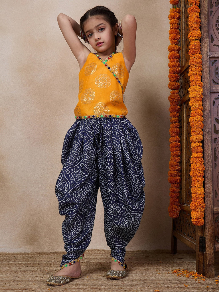 V Neck Sleeveless Printed Top Dhoti Pant Clothing Set (DH-YELLOWBLUEBANDHNI)