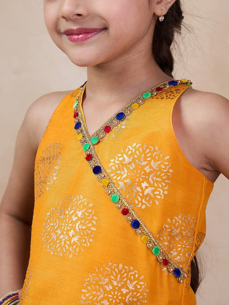 V Neck Sleeveless Printed Top Dhoti Pant Clothing Set (DH-YELLOWBLUEBANDHNI)