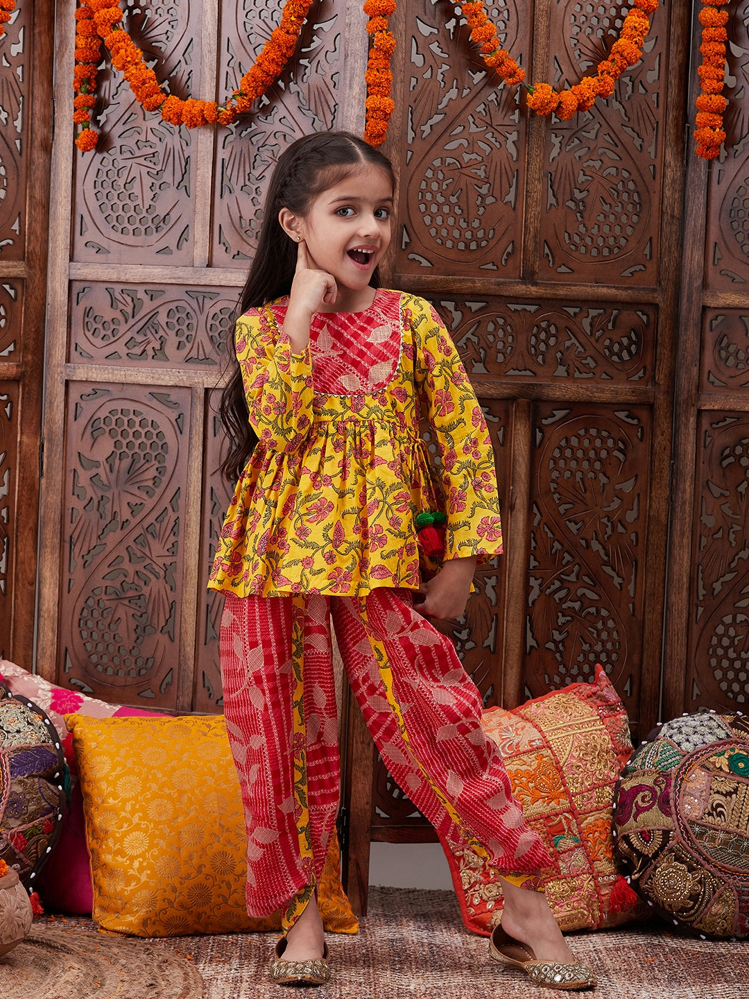 Pspeaches Girls Floral Printed Pure Cotton A-Line Kurti With Dhoti Pants (DH-YELLOWJAAL)