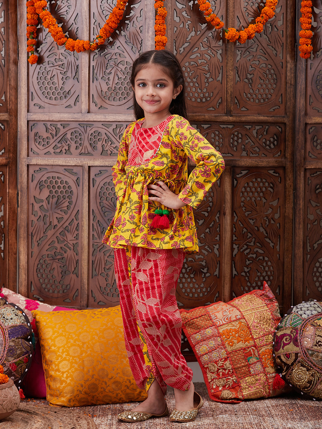 Pspeaches Girls Floral Printed Pure Cotton A-Line Kurti With Dhoti Pants (DH-YELLOWJAAL)