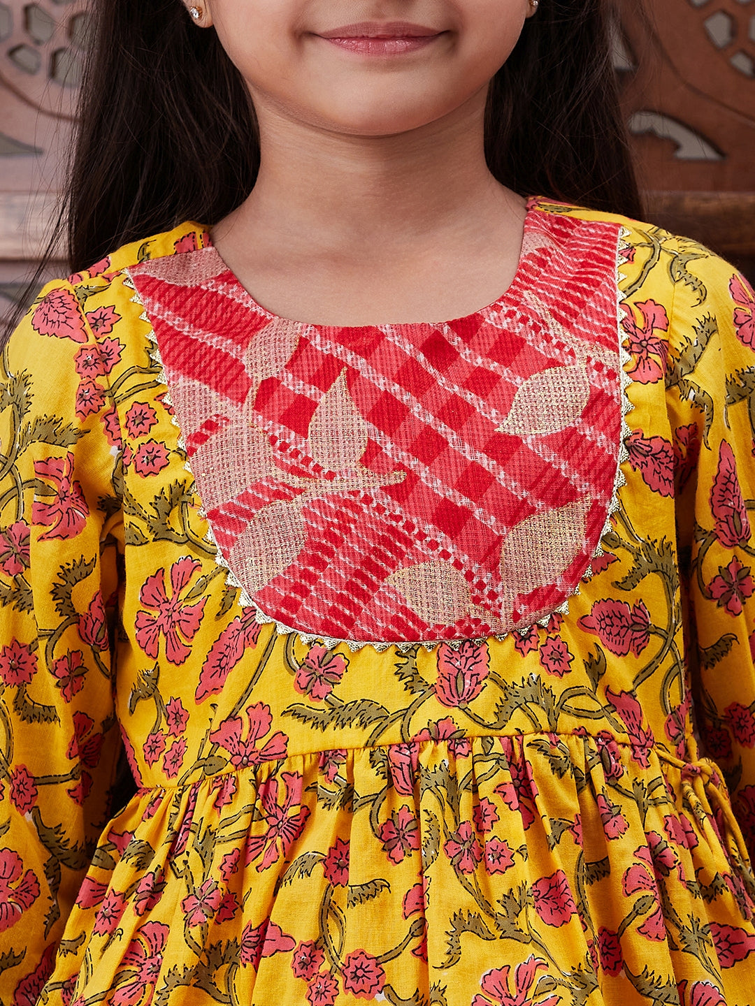 Pspeaches Girls Floral Printed Pure Cotton A-Line Kurti With Dhoti Pants (DH-YELLOWJAAL)